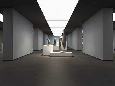 Modern Exhibition Hall Interior Design With Sculptures On White Pedestals And Skylights 3d model