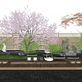 Rockery Stones in Traditional Garden with Cherry Blossom Tree Red Maple and Wooden Platform