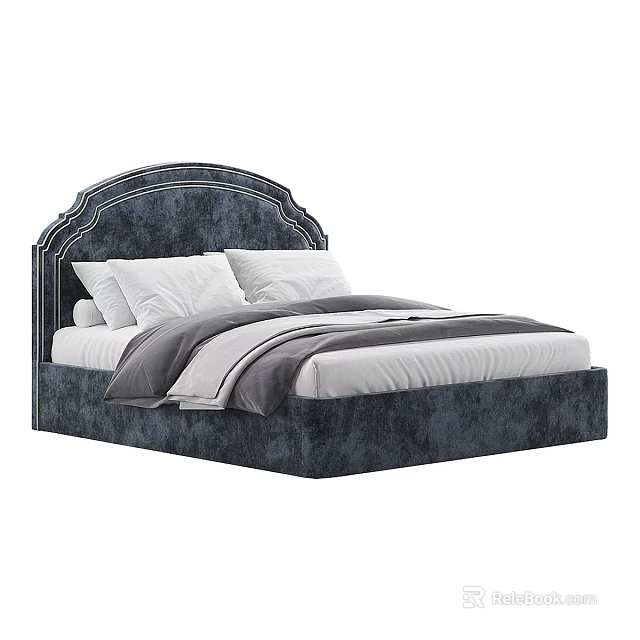 Dark Blue Single Bed with Upholstered Curved Headboard White Pillows and Gray Bedding 3d model 
