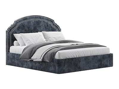 Dark Blue Single Bed with Upholstered Curved Headboard White Pillows and Gray Bedding 3d model