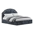 Dark Blue Single Bed with Upholstered Curved Headboard White Pillows and Gray Bedding