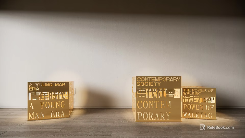 Elegant Modern Golden Cube Decorative Lamp Featuring 3D Typography Elements 3d model