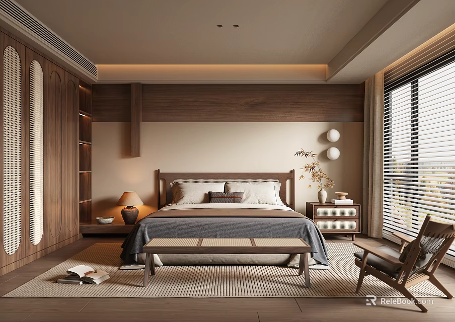 Modern Bedroom Interior With Wooden Walls Bed Bench Nightstand Bookshelf And Window Blinds 3d model 