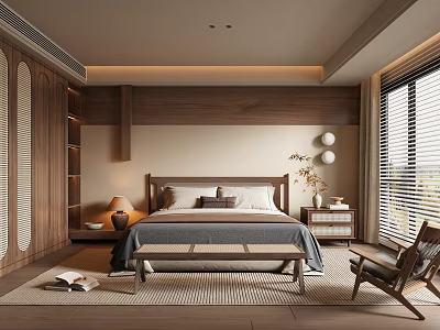 Modern Bedroom Interior With Wooden Walls Bed Bench Nightstand Bookshelf And Window Blinds 3d model