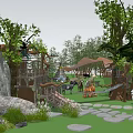 Bamboo Forest Scenic Spot With Mountain Views Wooden Structures Animal Statues And Stone Paths