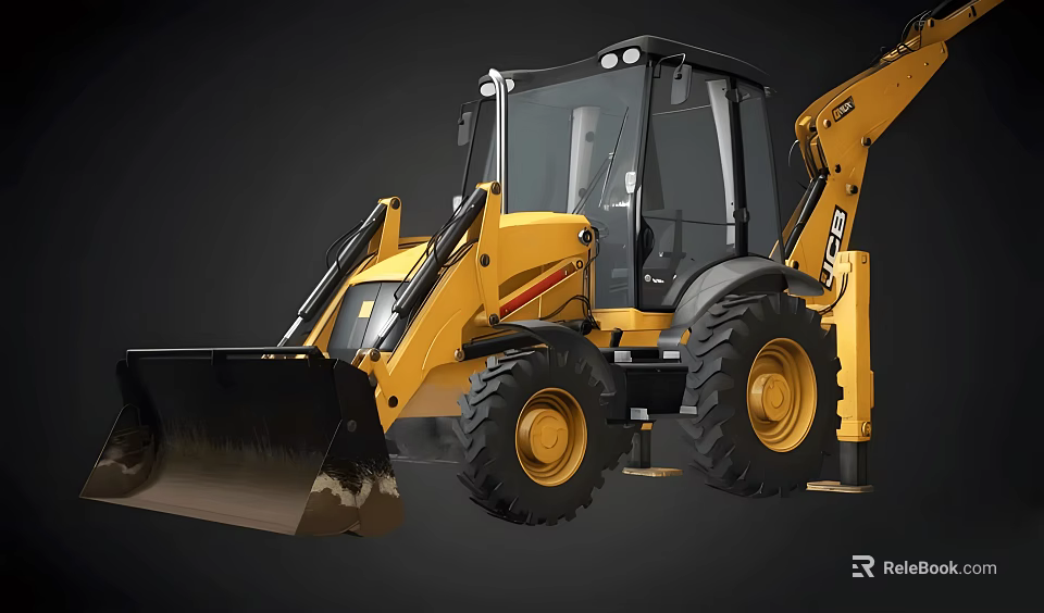 Yellow Utility Vehicle With Front Bucket Backhoe Arm Cab And Large Tires 3d model 