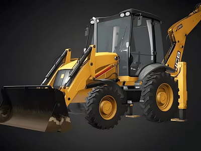 Yellow Utility Vehicle With Front Bucket Backhoe Arm Cab And Large Tires 3d model