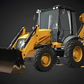 Yellow Utility Vehicle With Front Bucket Backhoe Arm Cab And Large Tires