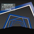Release Festival 2026 Event Entrance With Blue Geometric Light Frames And Illuminated Design
