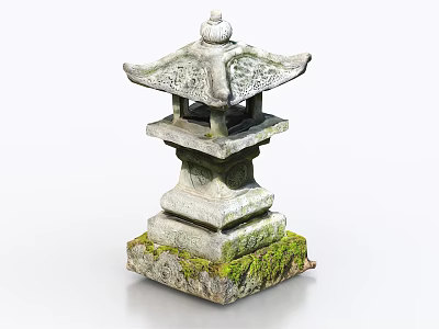 Japanese Style Stone Lantern Garden Ornament With Moss Covered Base And Intricate Carvings 3d model