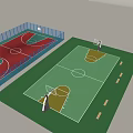Outdoor Basketball Courts With Red Green Surfaces Blue Fencing Hoops And Benches
