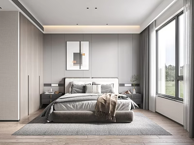 Modern Bedroom Interior With Gray Upholstered Bed Wall Art Large Windows And Area Rug 3d model