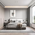 Modern Bedroom Interior With Gray Upholstered Bed Wall Art Large Windows And Area Rug