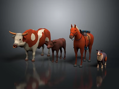 Group Of Farm Animals Including Cow Calf Horse And Lamb Standing On Reflective Surface 3d model