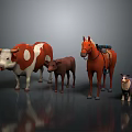 Group Of Farm Animals Including Cow Calf Horse And Lamb Standing On Reflective Surface