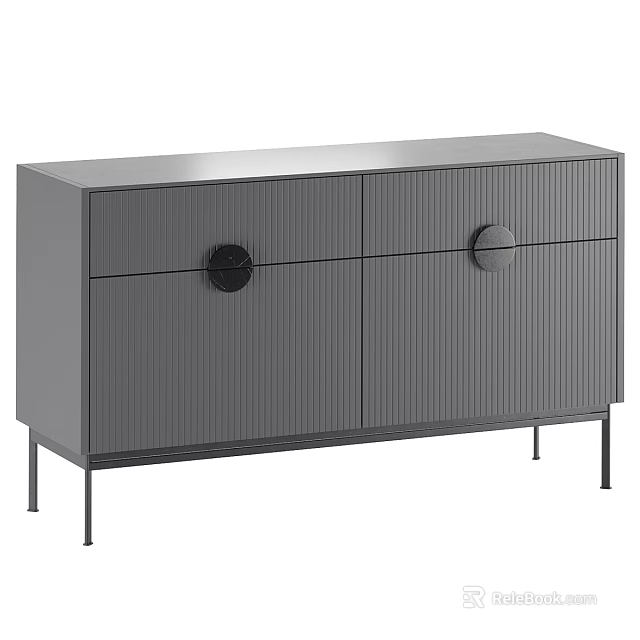 Modern Gray Wardrobe With Ribbed Design And Black Circular Handles On Metal Legs 3d model 