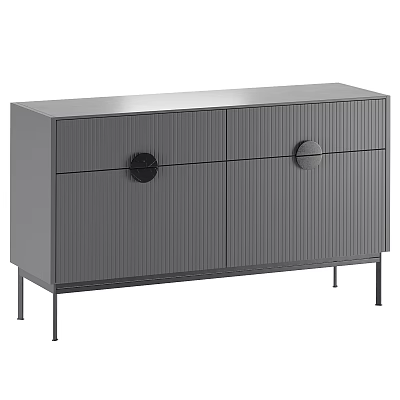 Modern Gray Wardrobe With Ribbed Design And Black Circular Handles On Metal Legs 3d model