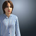 Woman in Casual Blue and White Striped Pajamas Full Body Portrait View