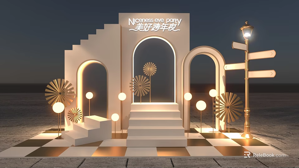 Elegant Check in Photo Spot with White Stairs Archways Gold Decorative Flowers Lamp and Lighting 3d model 