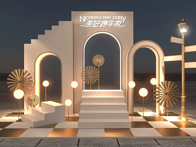 Elegant Check in Photo Spot with White Stairs Archways Gold Decorative Flowers Lamp and Lighting 3d model