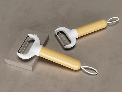 Wooden Handle Vegetable Peelers With White Metal Blades On Gray Surface 3d model