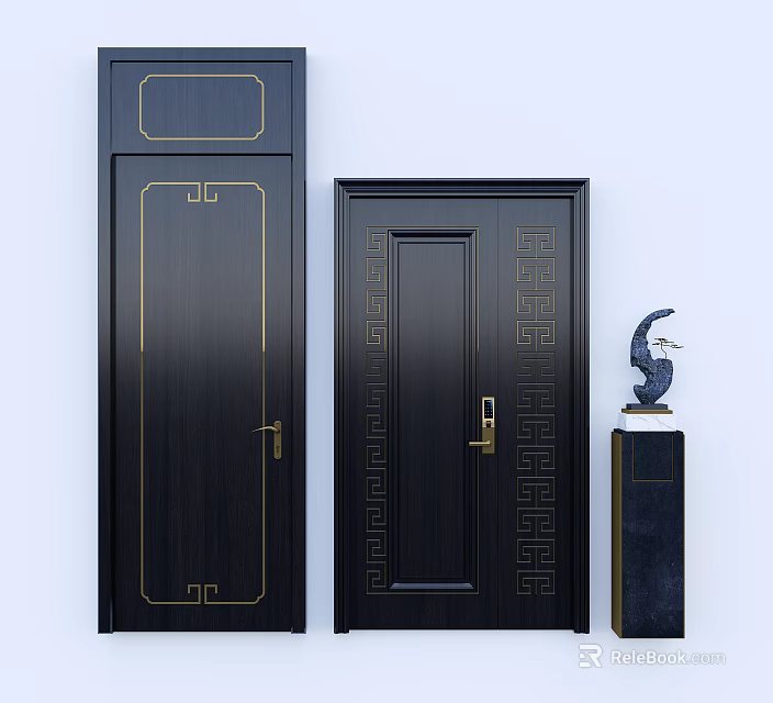 Elegant Black Swing Doors With Golden Patterns And Decorative Statue 3d model