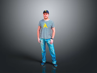 Man Wearing Striped T-Shirt And Blue Jeans With Cap Standing Against Gray Background 3d model