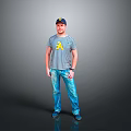 Man Wearing Striped T-Shirt And Blue Jeans With Cap Standing Against Gray Background