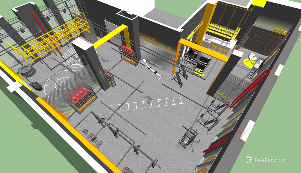 Modern Fitness Gym Interior With Barbells Dumbbells Functional Training Area And Yellow Black Structure 3d model 