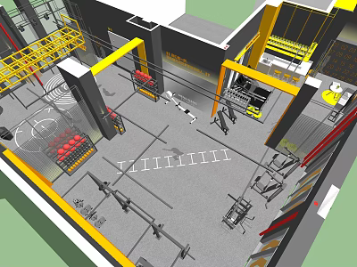 Modern Fitness Gym Interior With Barbells Dumbbells Functional Training Area And Yellow Black Structure 3d model