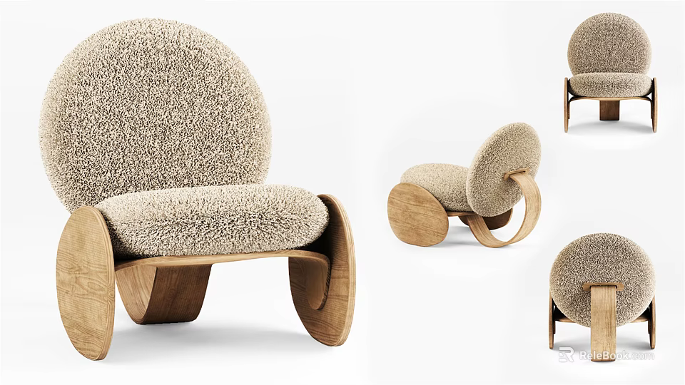 Modern Single Sofa With Fluffy Textured Fabric And Wooden Legs Round Design 3d model 