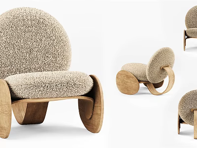 Modern Single Sofa With Fluffy Textured Fabric And Wooden Legs Round Design 3d model