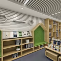 School Library Interior With Bookshelves Wooden Chairs Long Tables Windows And Green Plants