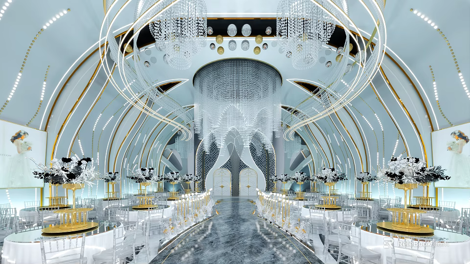 Luxurious Banquet Hall With Arched Ceilings Grand Crystal Chandeliers And Arranged Tables Chairs 3d model 