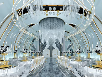 Luxurious Banquet Hall With Arched Ceilings Grand Crystal Chandeliers And Arranged Tables Chairs 3d model