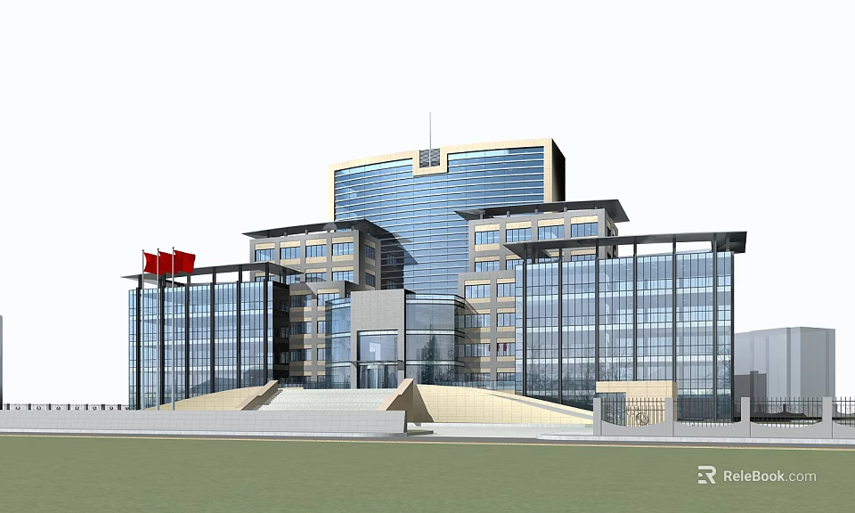 Modern Multi Storey Office Building With Glass Curtain Wall And Entrance Plaza 3d model 
