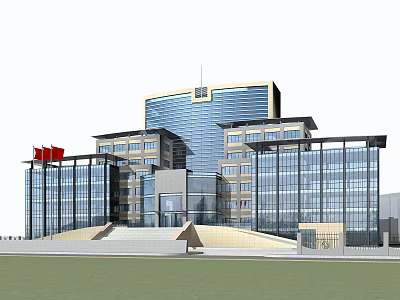Modern Multi Storey Office Building With Glass Curtain Wall And Entrance Plaza 3d model