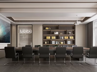 Modern Conference Room Interior With Long Table Black Chairs Wall Logo And Bookshelves 3d model