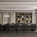 Modern Conference Room Interior With Long Table Black Chairs Wall Logo And Bookshelves