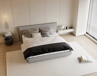 Double Bed Leather Double Bed Pillow Four-piece Set Solid Wood Bedside Table Small Round Table Chandelier Table Lamp Book 3d model