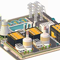 Cartoon Industrial Scene Featuring Factory Buildings Cooling Towers Storage Tanks Power Towers Truck And Trees