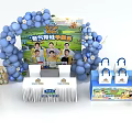 Colorful Food Event Entrance With Blue Balloon Arch Display Table And Shopping Bags