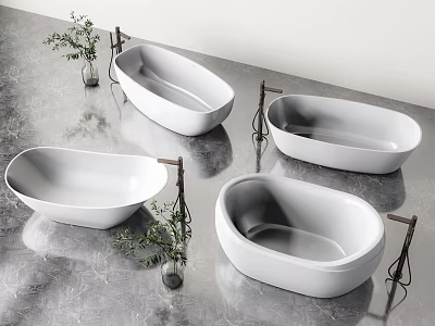 Modern White Bathtub Display With Metal Stands Green Plants And Marble Surface 3d model