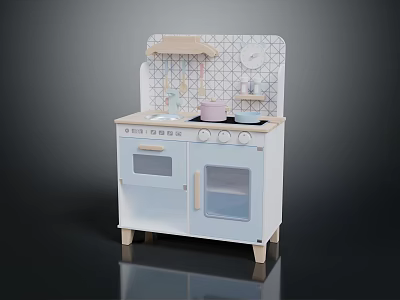White Toy Kitchen Appliances With Stove Oven Small Pots And Decorative Backboard 3d model