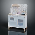 White Toy Kitchen Appliances With Stove Oven Small Pots And Decorative Backboard