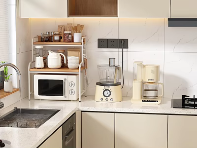 Modern Kitchen Interior With White Cabinets Countertop Microwave Blender And Coffee Maker 3d model