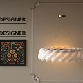 Designer White Feather Chandelier With Gold Base And Floral Artwork On Beige Wall