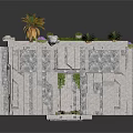 Ancient Stone Building Courtyard Design With Grass Roof Palm Trees And White Decorations