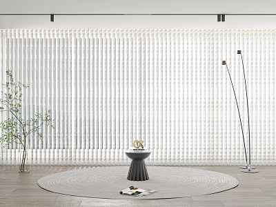 White Vertical Striped Modern Minimalist Curtains With Round Rug Small Table Floor Lamp Green Plant 3d model