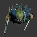 Man In Blue Robe With Green Hair Holding Axe And Decorative Belt